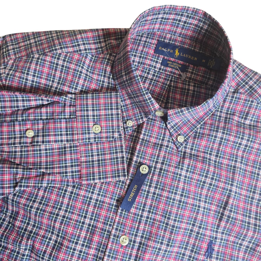 Ralph Lauren Button Down Shirt Mens M Blue Plaid Stretch Cotton Preppy Timeless